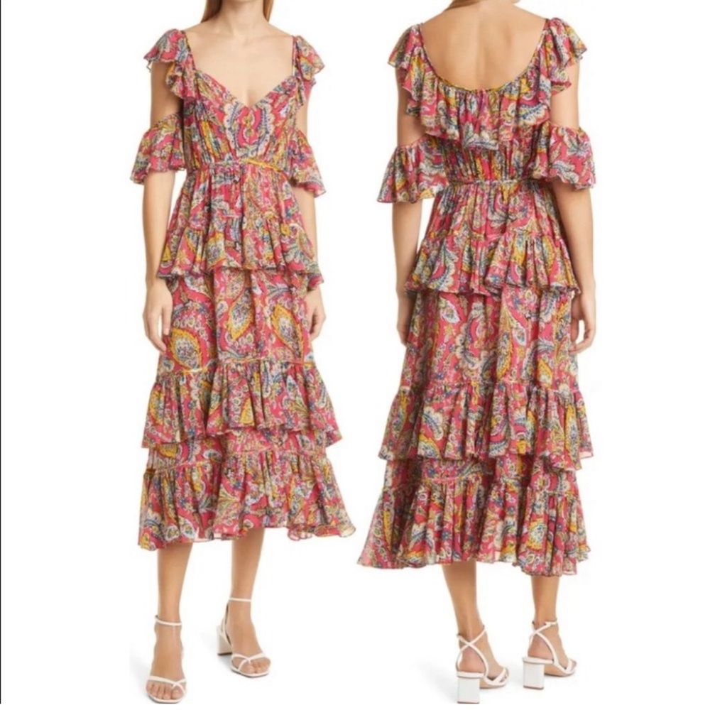 New CINQ A SEPT Collier Floral Print Cutout Sleeve Midi Dress size 10